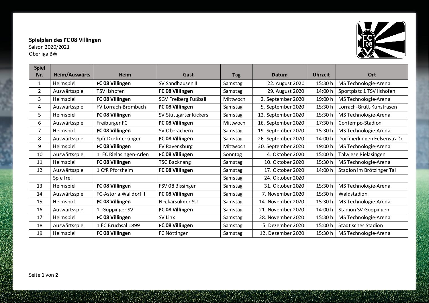 Spielplan FC 08 Villingen Saison 2020_2021 OL BW